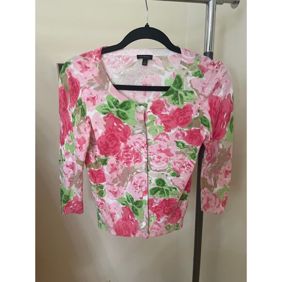 Talbots XS Womens Sweater Cardigan Green Pink Floral 3/4 Length Sleeve Button Up - Picture 1 of 10